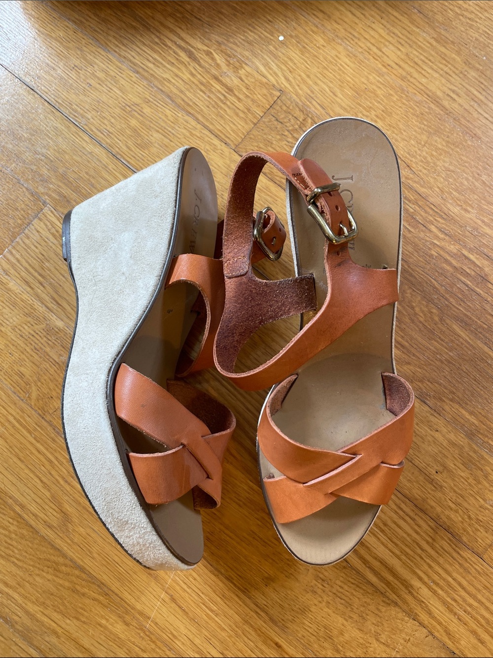 J. Crew Tan Leather Wedge Sandals with Buckle Strap